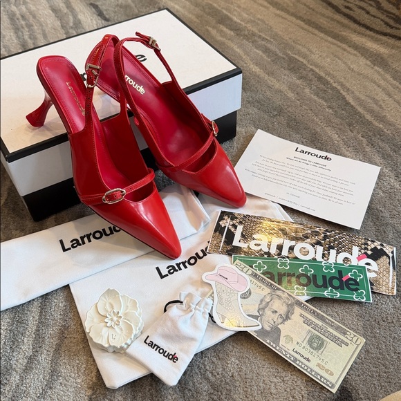 Larroudé Ines Red Leather Ankle Strap Pumps 6.5 NWT - Picture 8 of 16